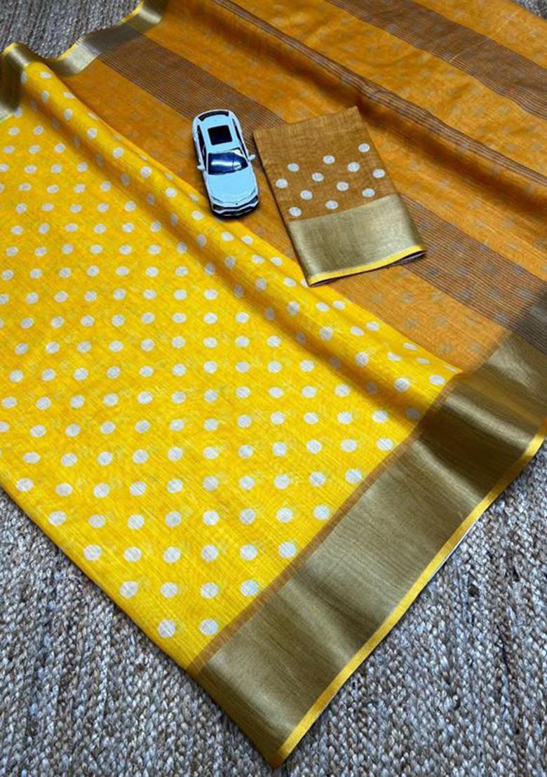 Yellow Printed Linen Saree Set