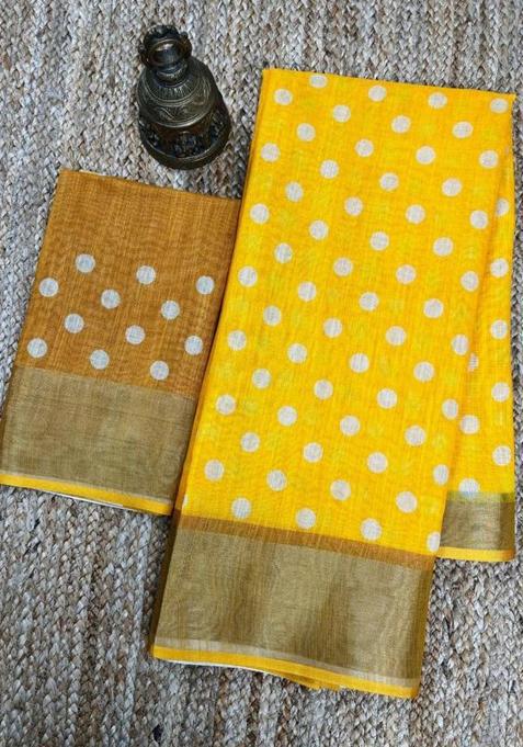 Yellow Printed Linen Saree Set