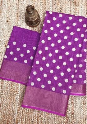 Purple Printed Linen Saree Set