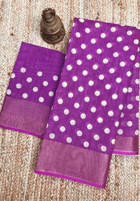 Purple Printed Linen Saree Set
