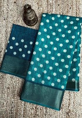 Green Printed Linen Saree Set