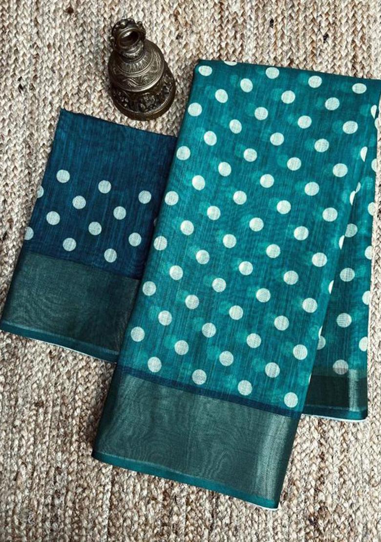 Green Printed Linen Saree Set