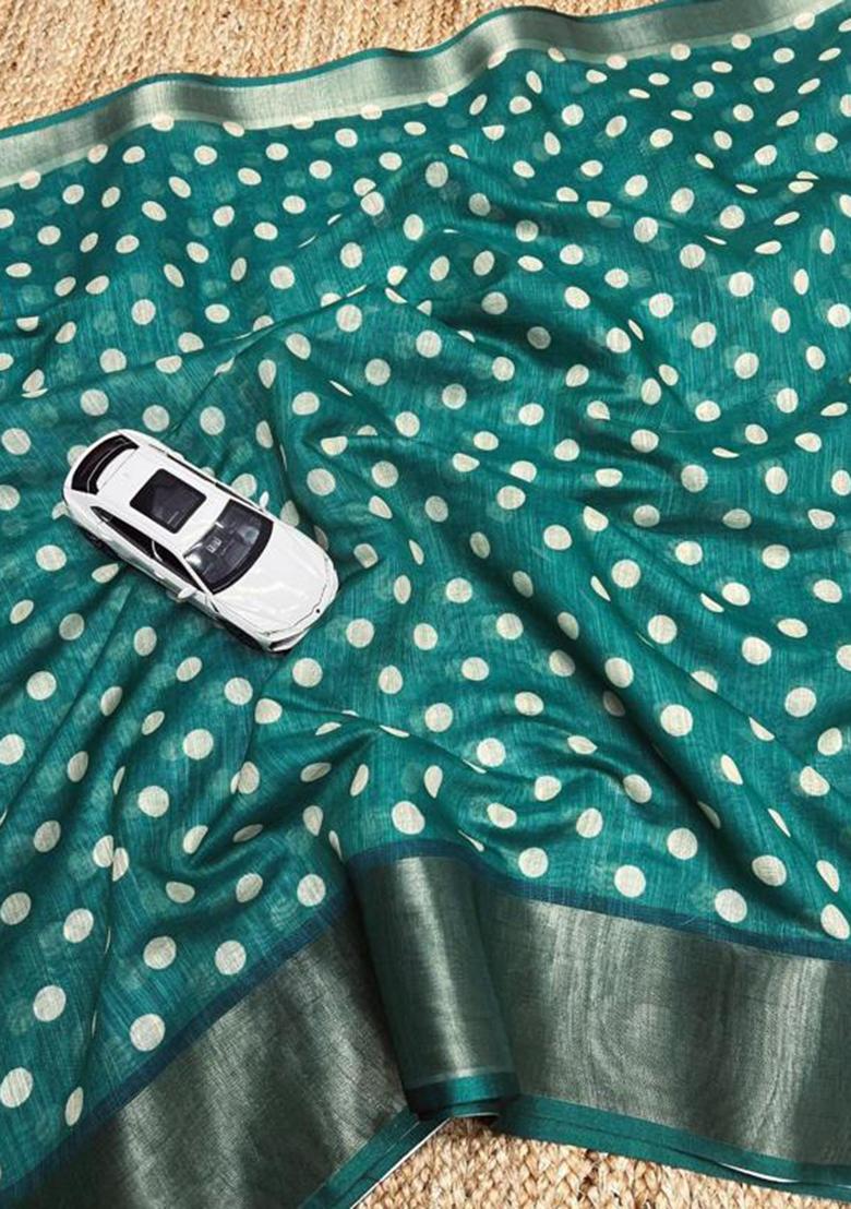 Green Printed Linen Saree Set