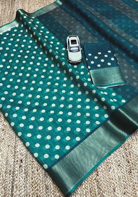 Green Printed Linen Saree Set