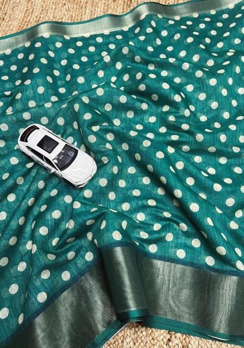 Green Printed Linen Saree Set