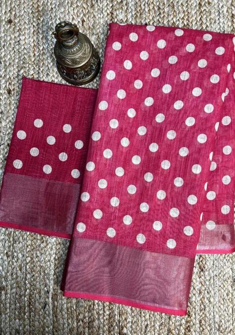 Rani Pink Printed Linen Saree Set