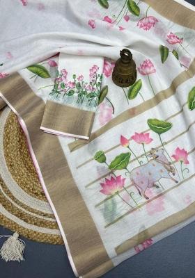 White Printed Linen Saree Set