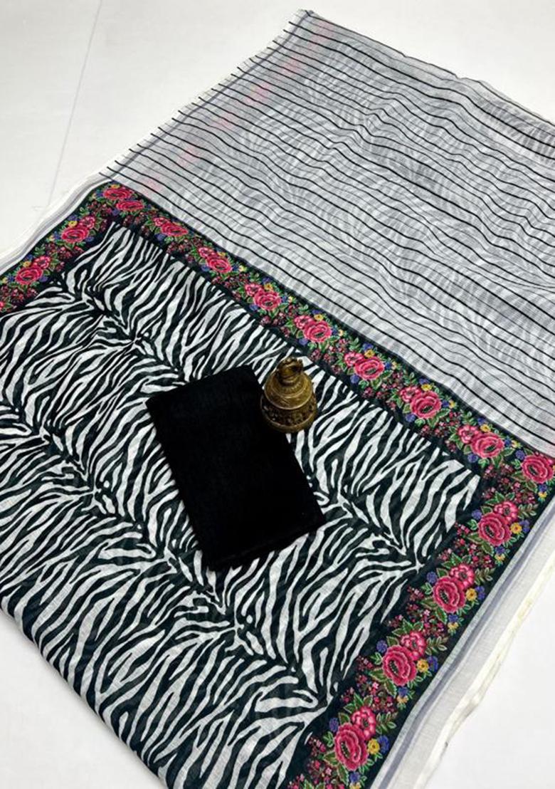 Black Printed Linen Saree Set - Indya