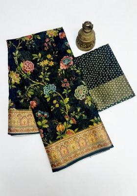 Black Printed Linen Saree Set
