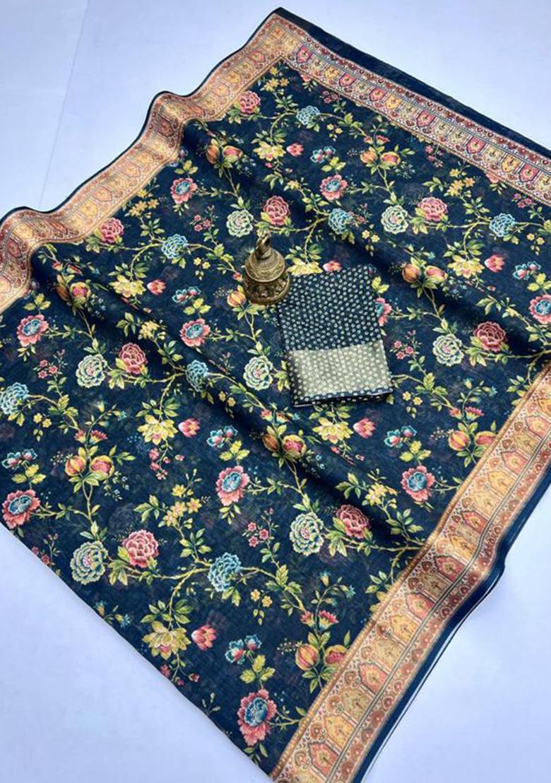 Black Printed Linen Saree Set - Indya