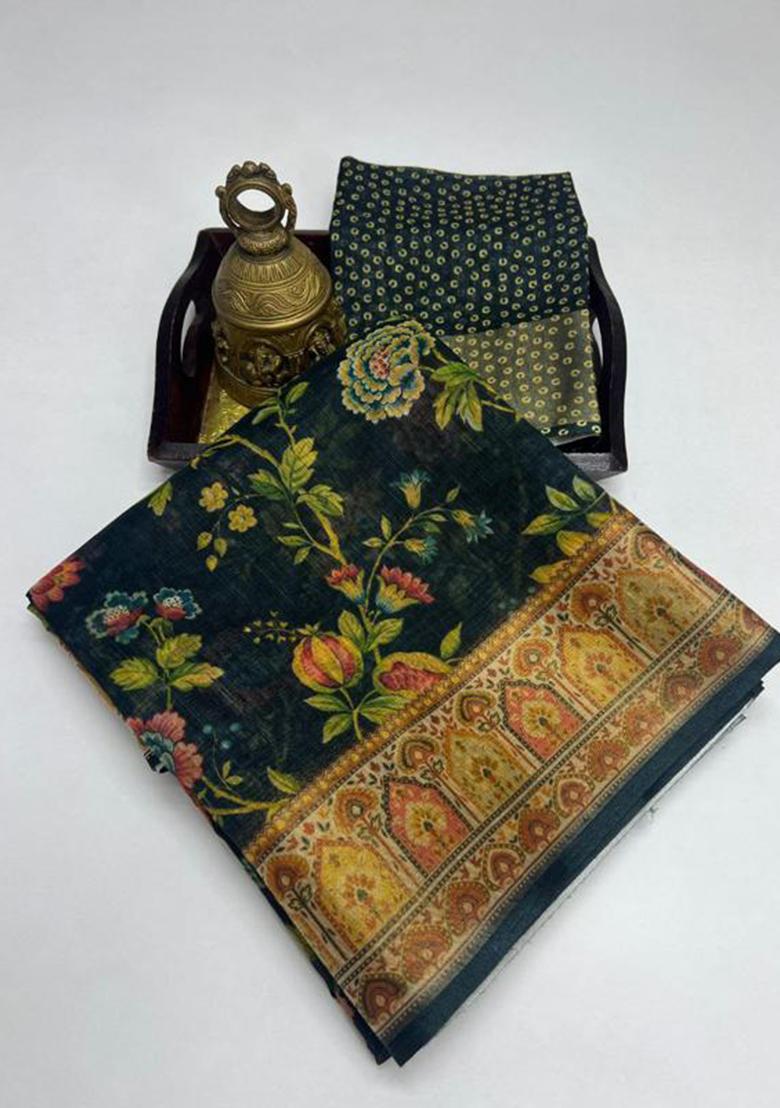 Black Printed Linen Saree Set - Indya