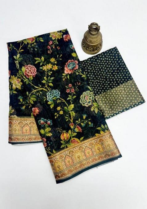 Black Printed Linen Saree Set