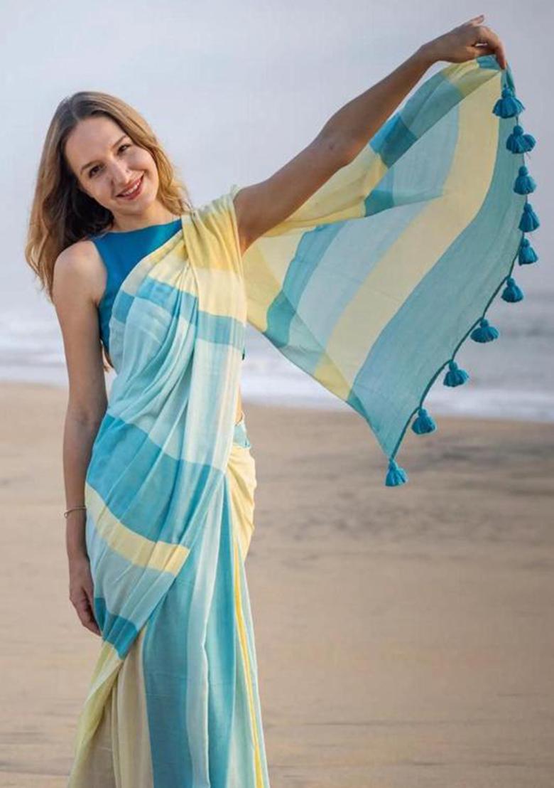 Blue Printed Linen Saree Set