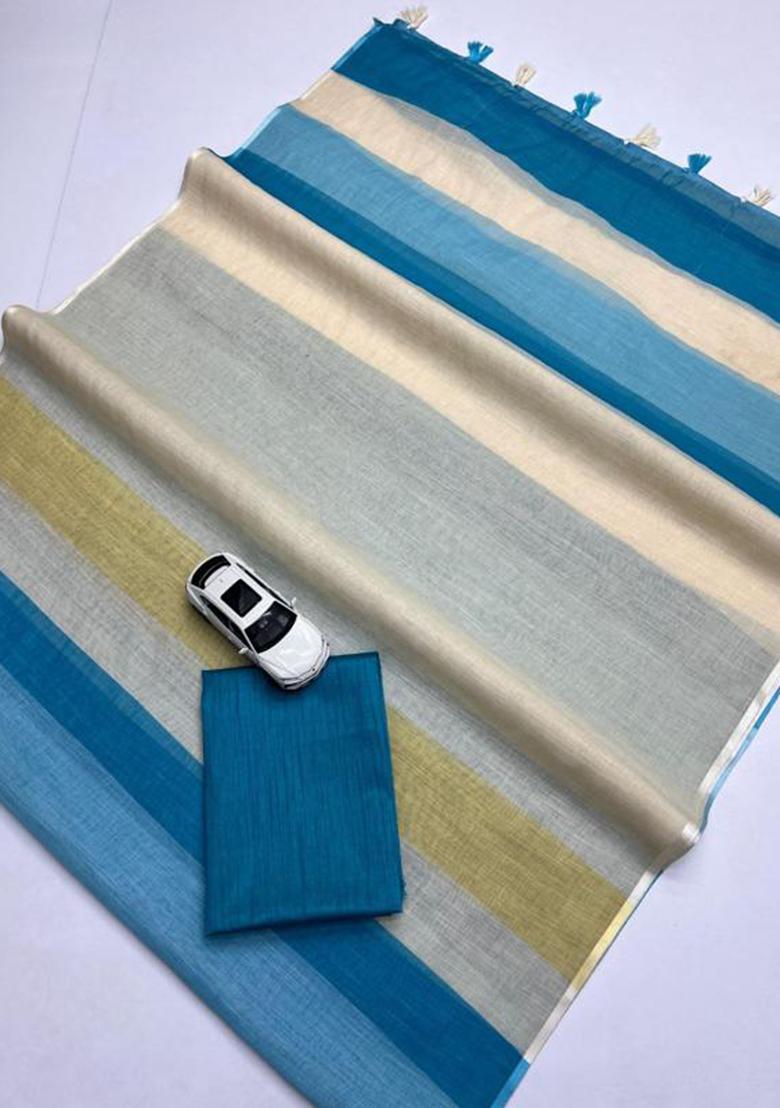 Blue Printed Linen Saree Set