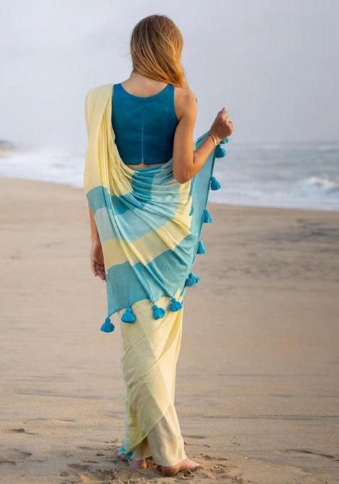 Blue Printed Linen Saree Set