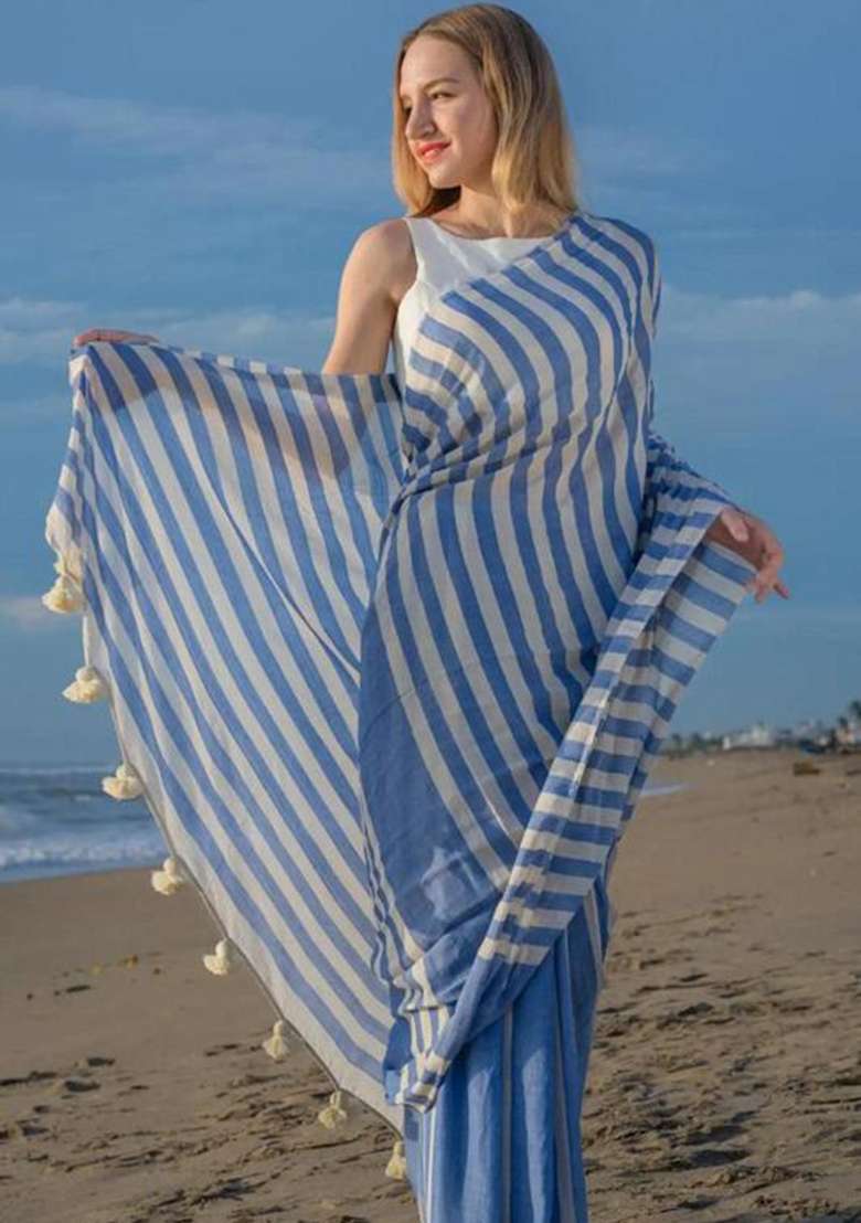 Blue Printed Linen Saree Set - Indya