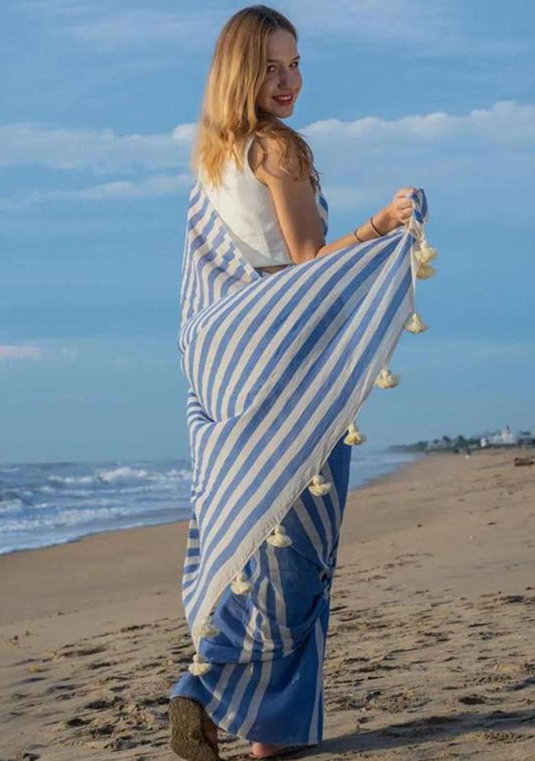 Blue Printed Linen Saree Set - Indya