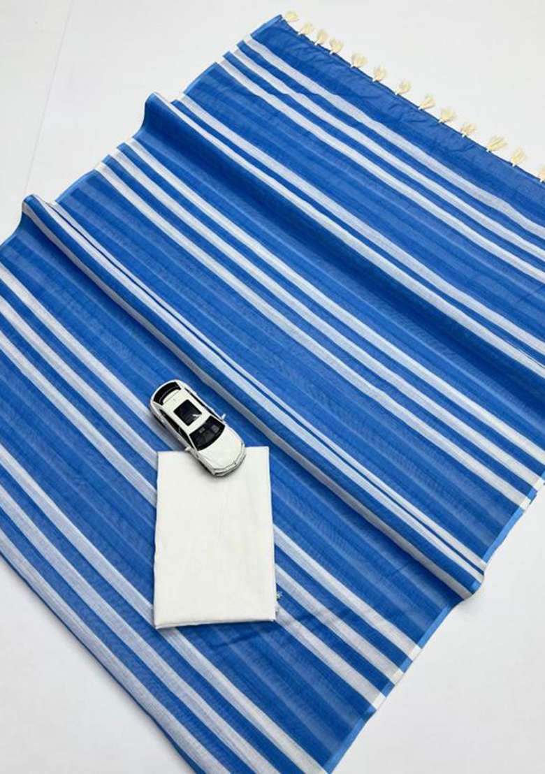 Blue Printed Linen Saree Set - Indya
