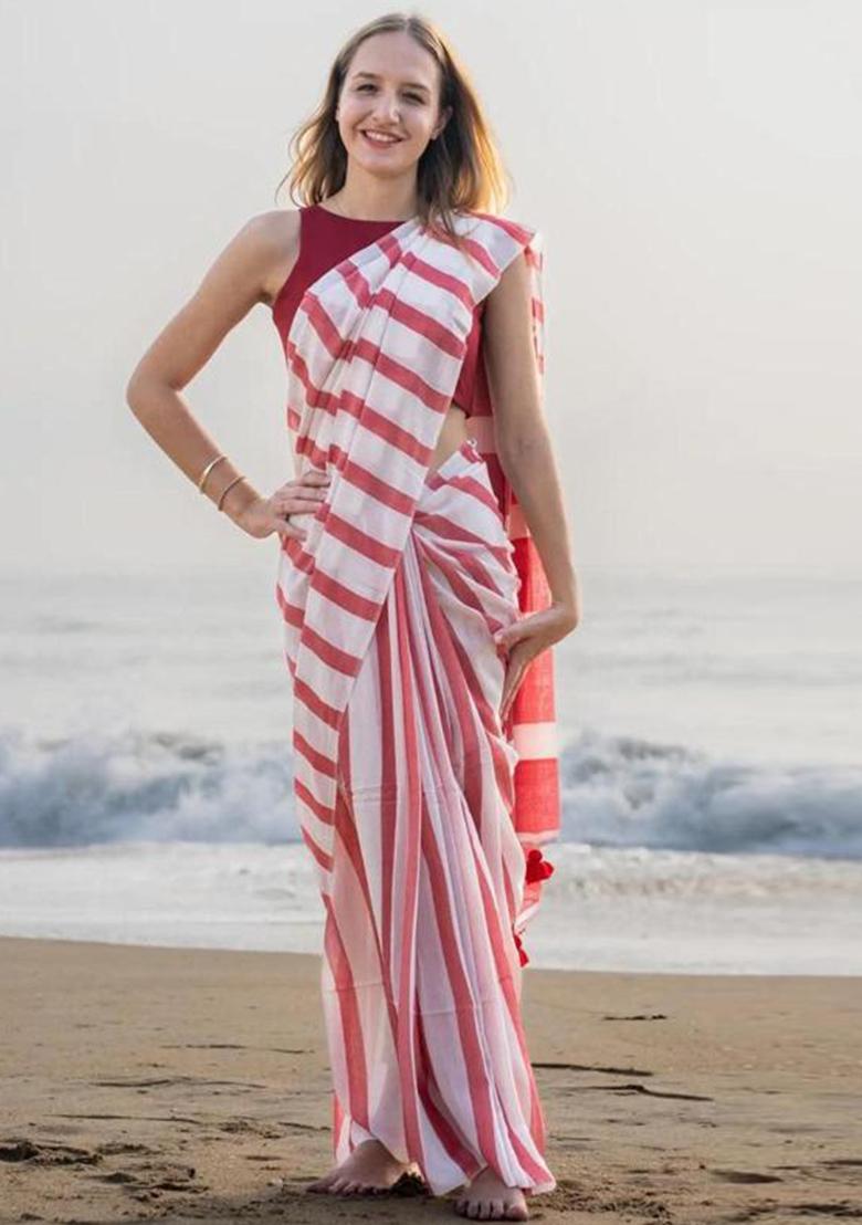 Red Printed Linen Saree Set