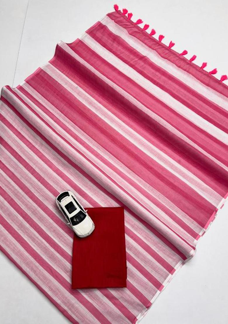 Red Printed Linen Saree Set