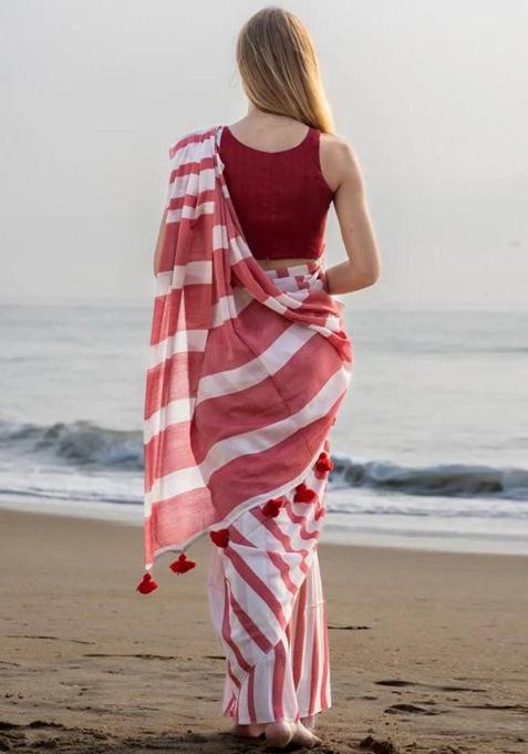 Red Printed Linen Saree Set