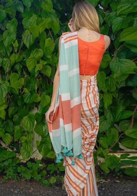 Orange Printed Linen Saree Set
