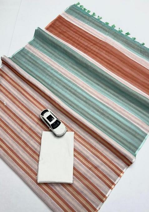 Orange Printed Linen Saree Set