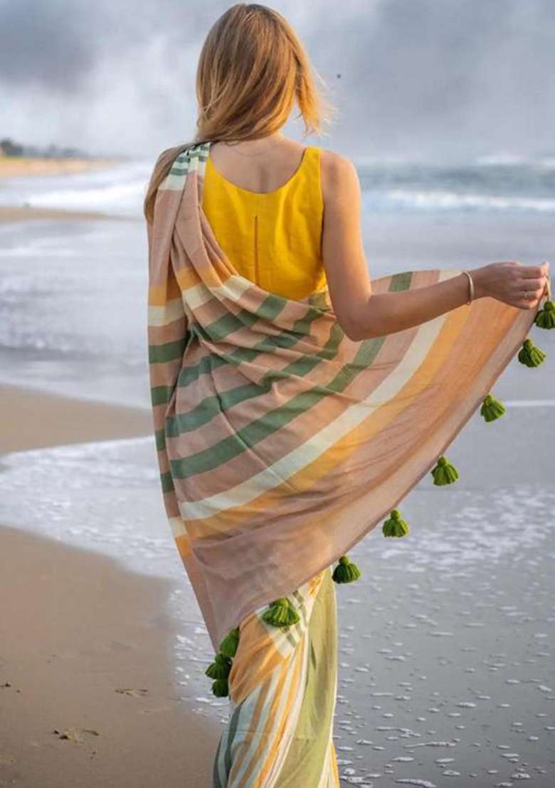 Green Printed Linen Saree Set - Indya