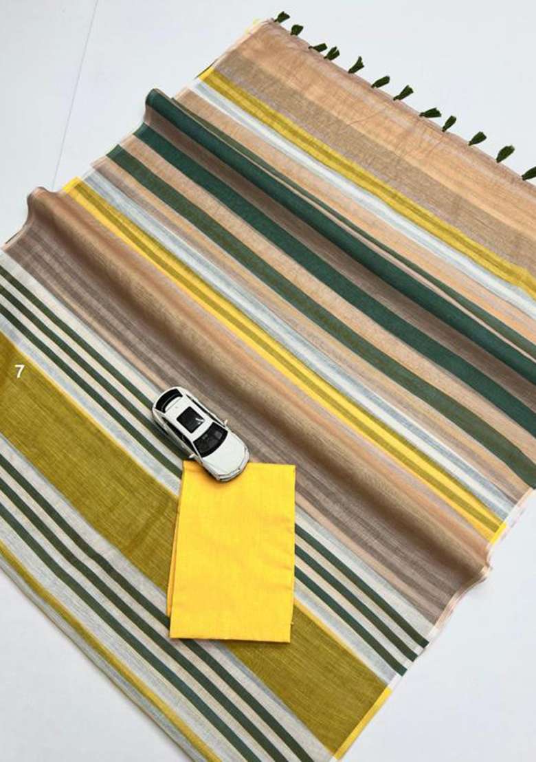 Green Printed Linen Saree Set - Indya