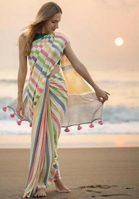 Multi Color Printed Linen Saree Set