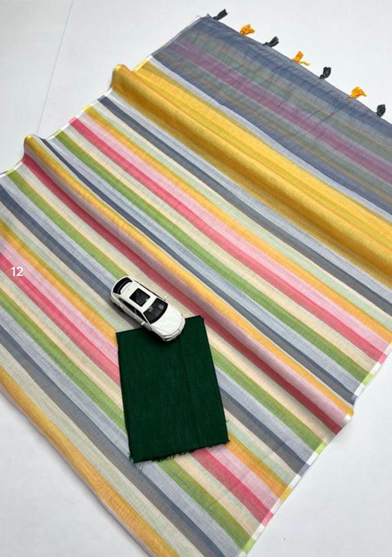 Multi Color Printed Linen Saree Set