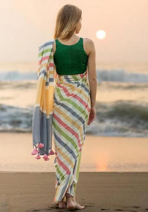 Multi Color Printed Linen Saree Set