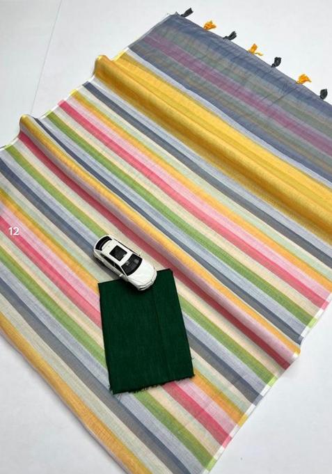 Multi Color Printed Linen Saree Set