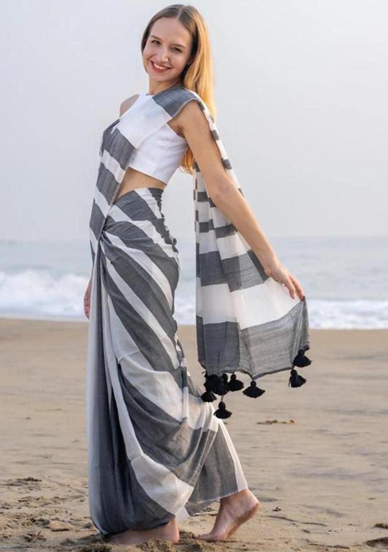 Black Printed Linen Saree Set