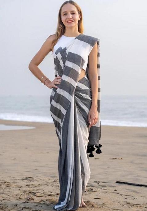 Black Printed Linen Saree Set