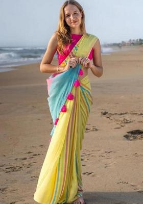 Pink Printed Linen Saree Set