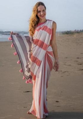 Blush Pink Printed Linen Saree Set
