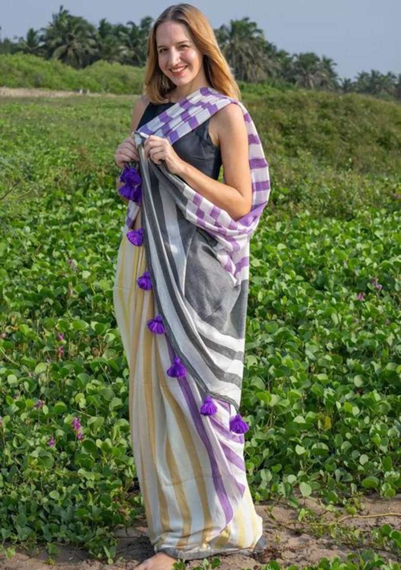 Jamun Printed Linen Saree Set - Indya