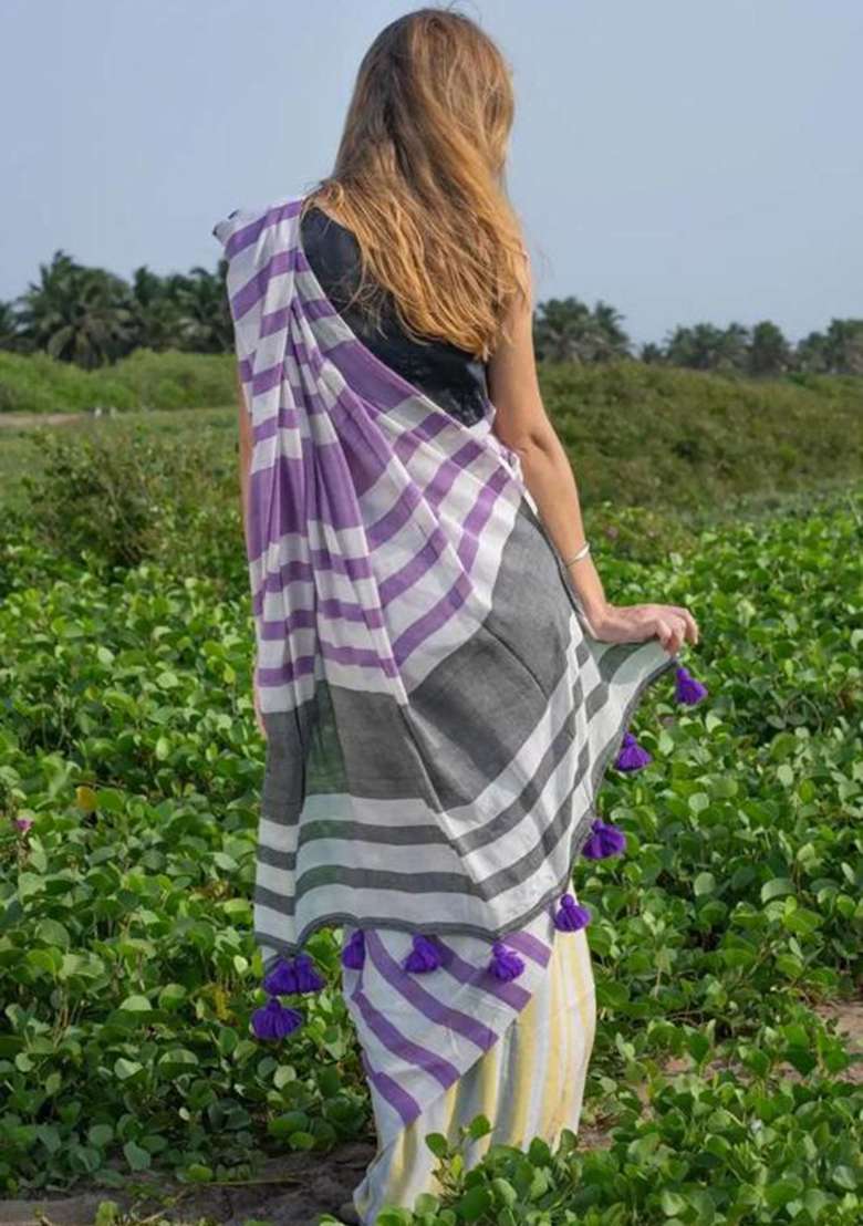 Jamun Printed Linen Saree Set - Indya