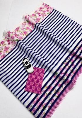 Blue Printed Linen Saree Set