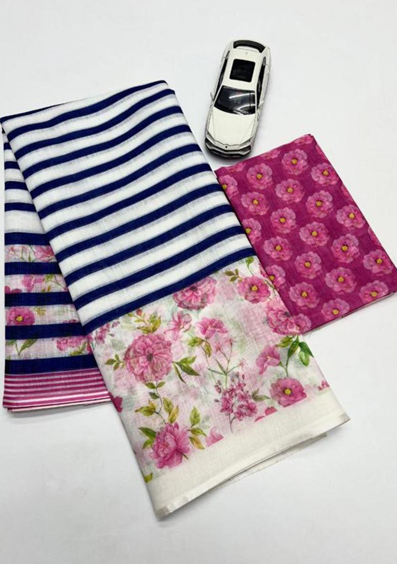 Blue Printed Linen Saree Set