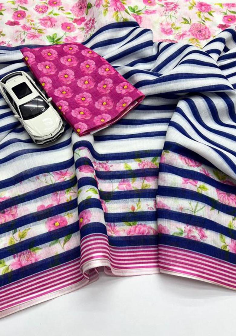 Blue Printed Linen Saree Set
