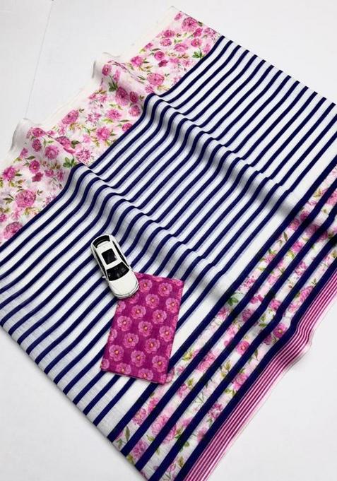 Blue Printed Linen Saree Set