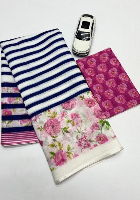 Blue Printed Linen Saree Set