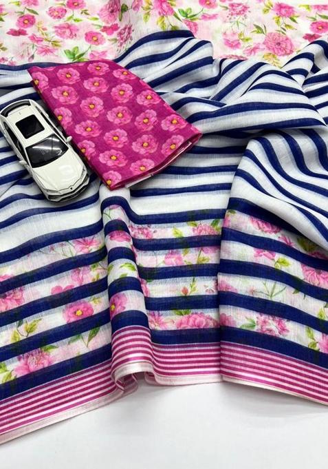 Blue Printed Linen Saree Set