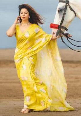 Yellow Printed Linen Saree Set