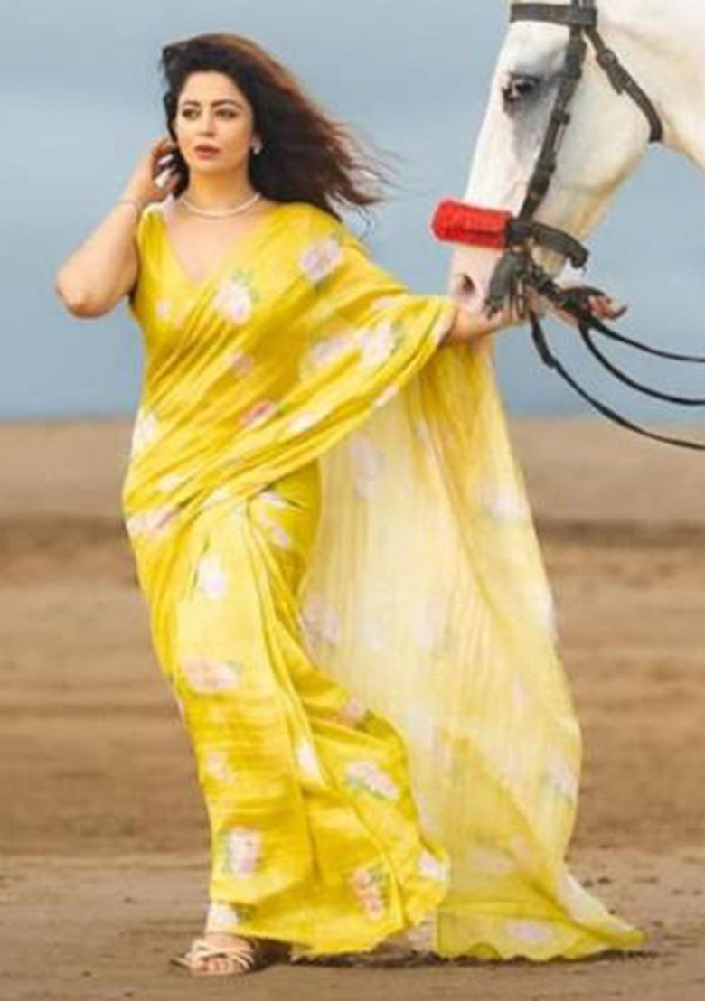 Yellow Printed Linen Saree Set