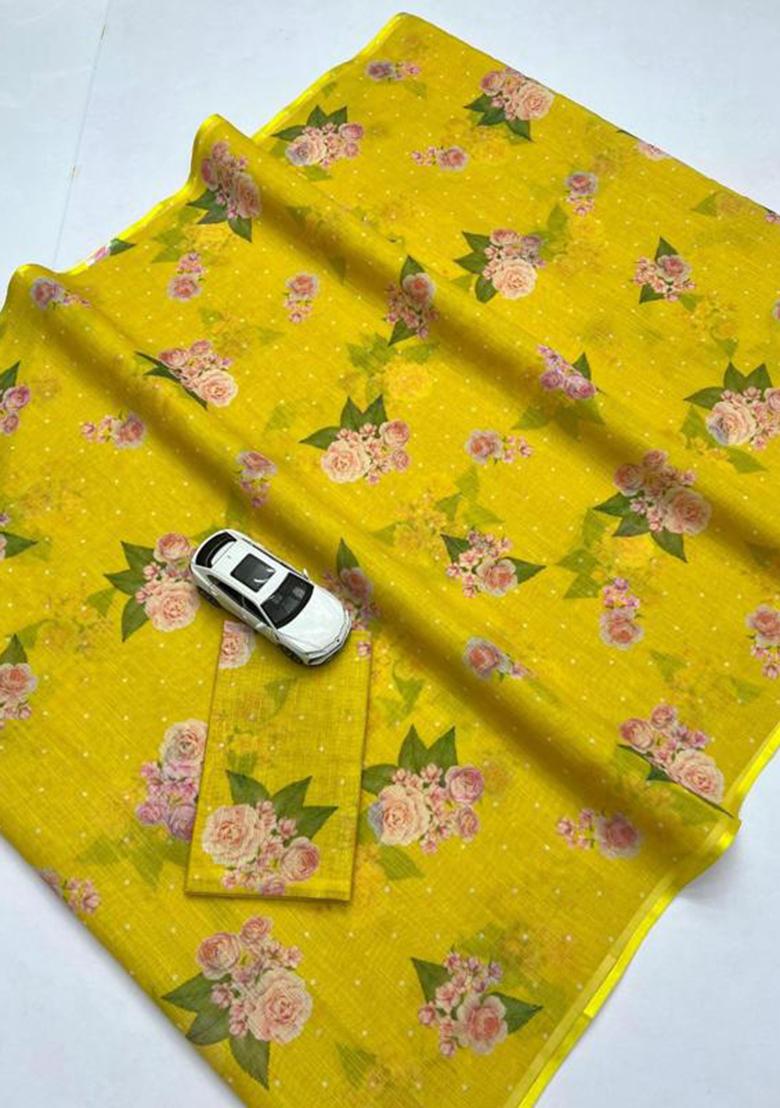 Yellow Printed Linen Saree Set