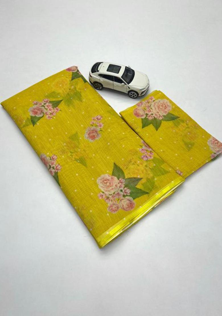 Yellow Printed Linen Saree Set