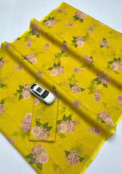 Yellow Printed Linen Saree Set